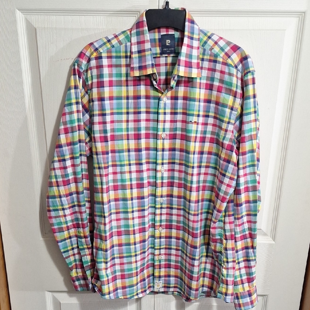 Vintage 90s Pierre Cardin Plaid Button-Down Shirt - L - Red Gold White